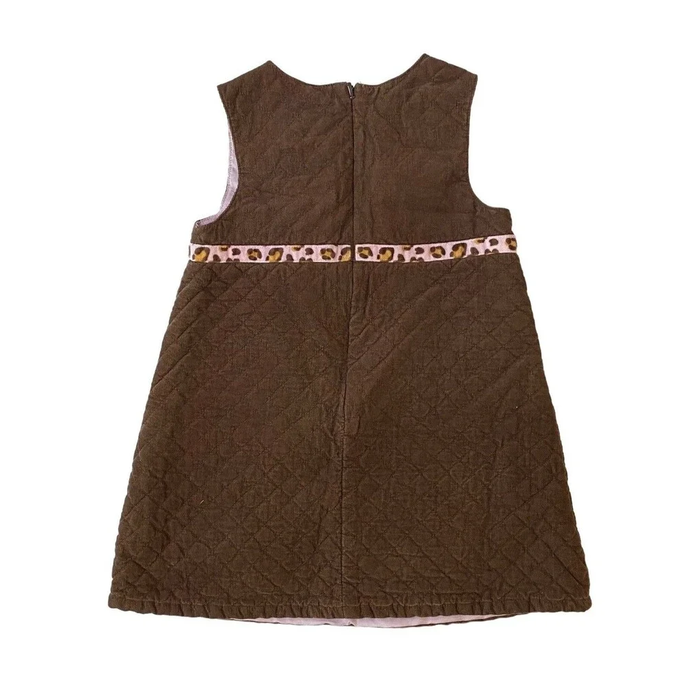 Gymboree Girls 4T Quilted Jumper Dress Brown Pink Leopard Bow Sleeveless￼